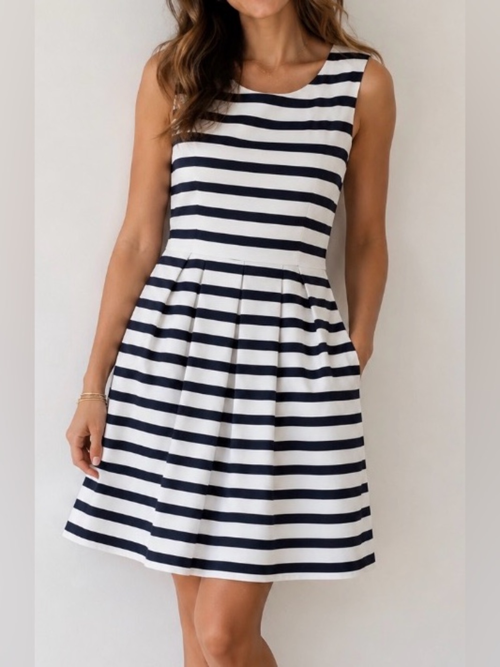 GAP White and Navy Striped Sleeveless Fit-and-Flare Dress